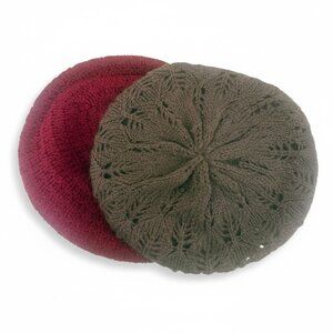 2 Knit Winter Hats / Berets Bundle | Burgundy, Mauve & Taupe